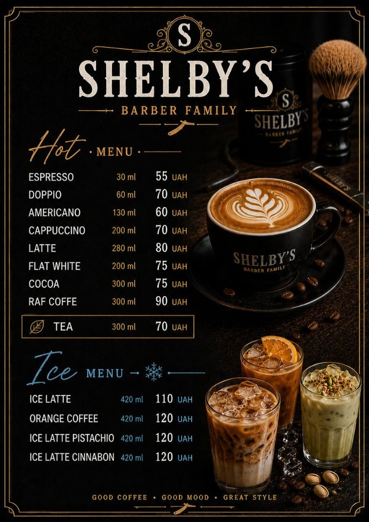 Кавове меню Shelby's Barber Family